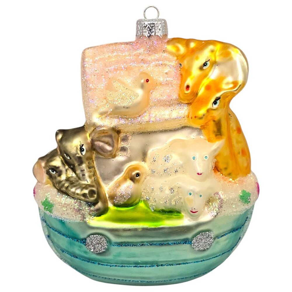 Vtg Noahs Ark Glass Christmas Ornament With Glitter & Animal Details 4"